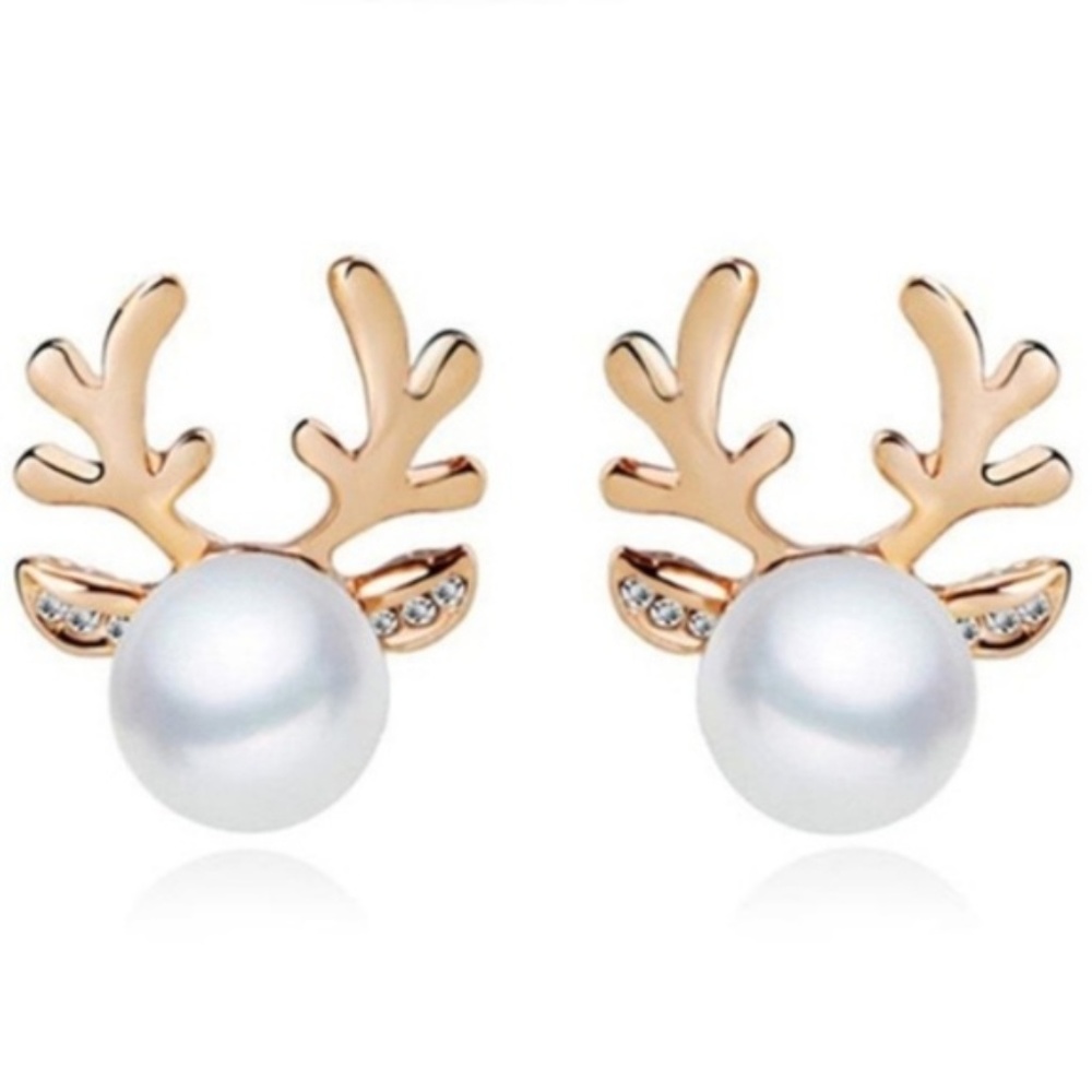 Adorable Gold Reindeer Pearl Earrings - Picture 2 of 2